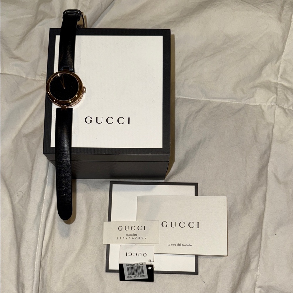 Gucci Black and Gold Leather Timepiece